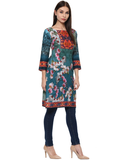 Women's Shades Of Blue Pakistani Style Floral Cotton Only Kurti