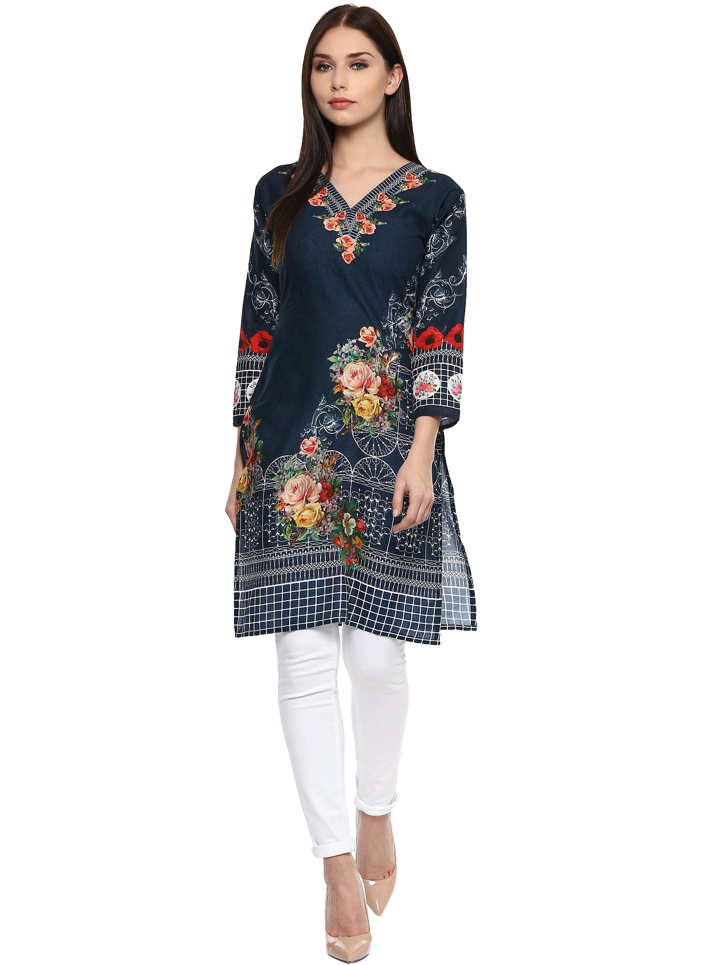 Women's Navy Blue Floral Pakistani Cotton Only Kurti