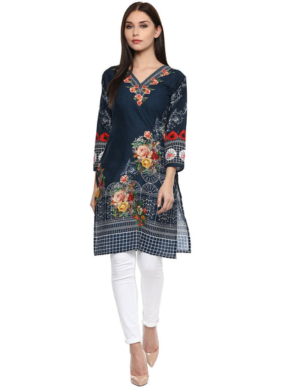 Women's Navy Blue Floral Pakistani Cotton Only Kurti