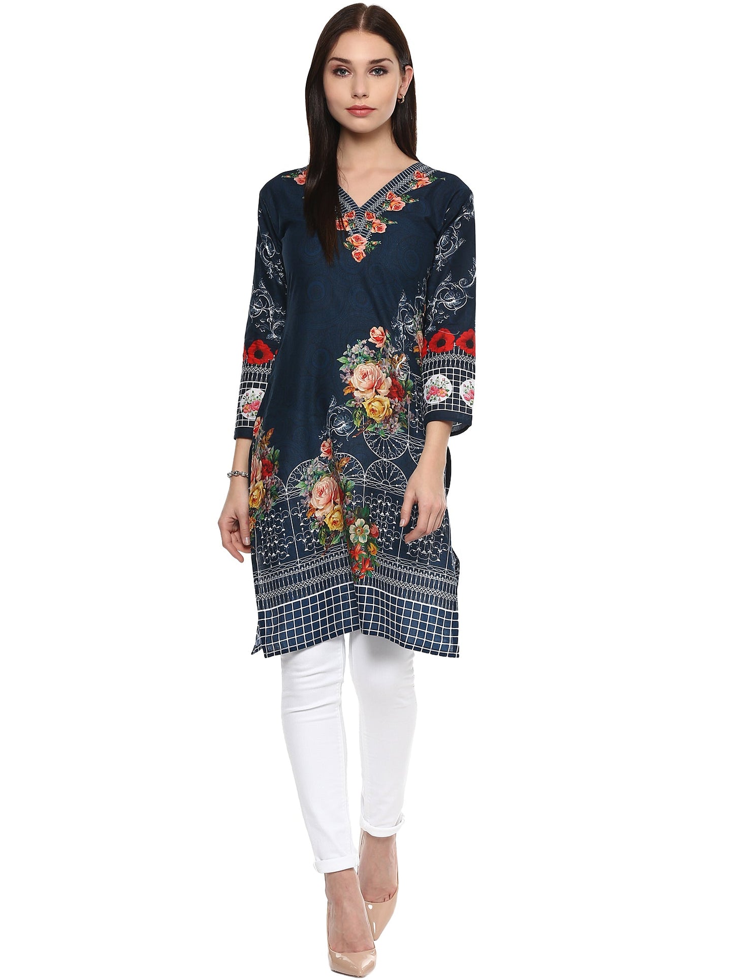 Women's Navy Blue Floral Pakistani Cotton Only Kurti
