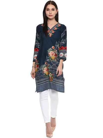 Women's Navy Blue Floral Pakistani Cotton Only Kurti