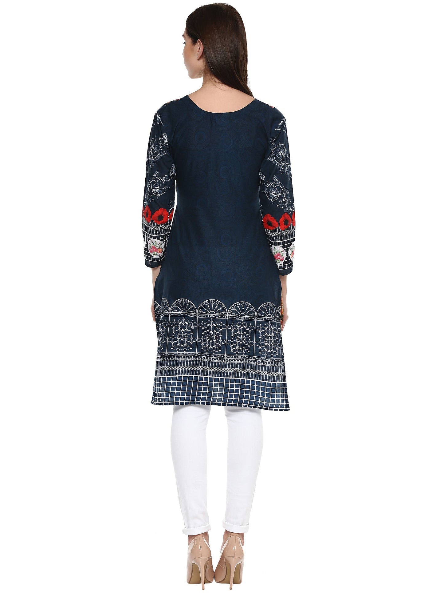 Women's Navy Blue Floral Pakistani Cotton Only Kurti