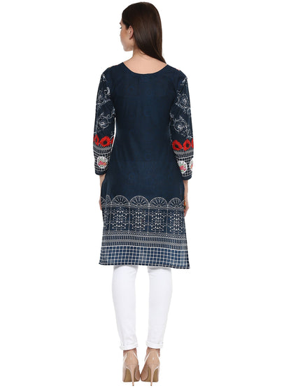 Women's Navy Blue Floral Pakistani Cotton Only Kurti