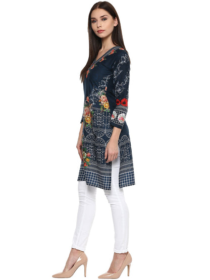 Women's Navy Blue Floral Pakistani Cotton Only Kurti