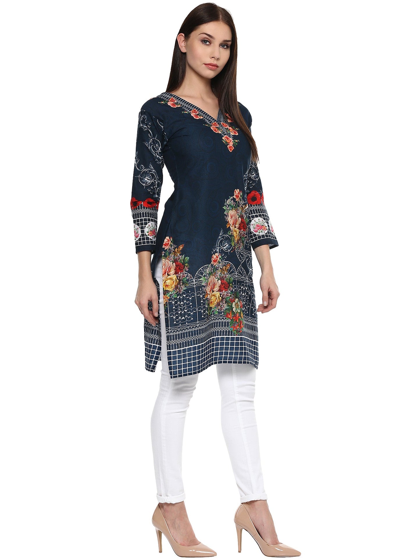 Women's Navy Blue Floral Pakistani Cotton Only Kurti