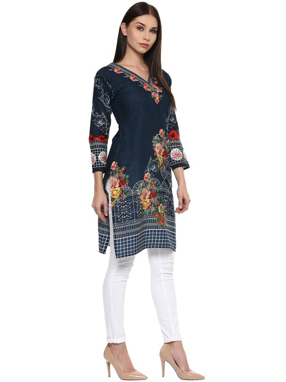 Women's Navy Blue Floral Pakistani Cotton Only Kurti