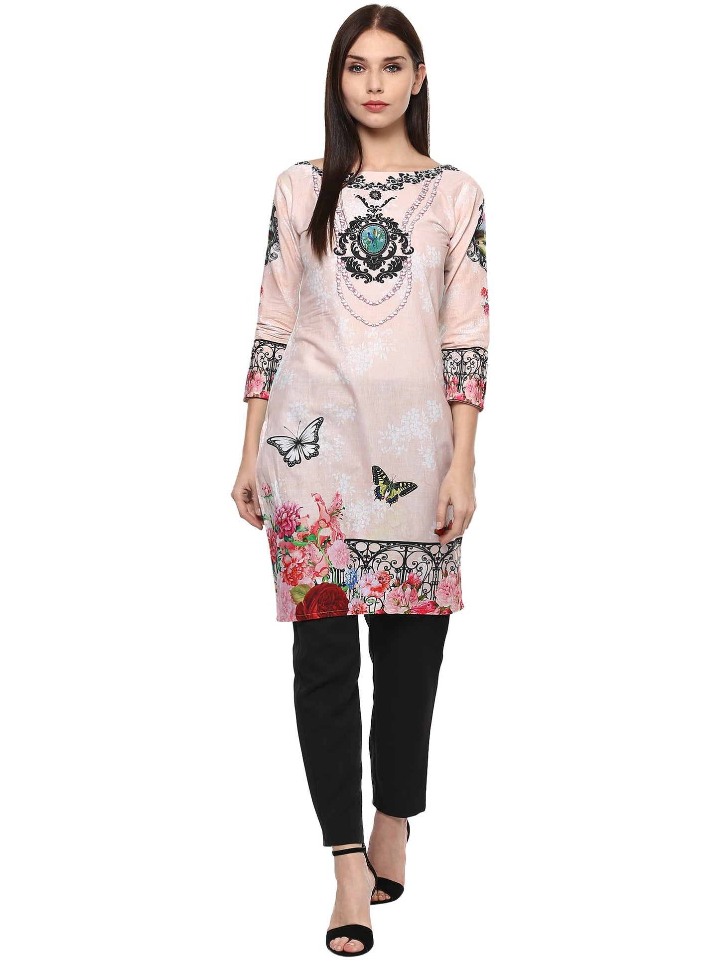 Women's Pale Pink Floral Printed Pakistani Cotton  Only Kurti
