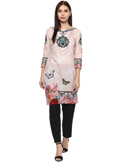 Women's Pale Pink Floral Printed Pakistani Cotton  Only Kurti
