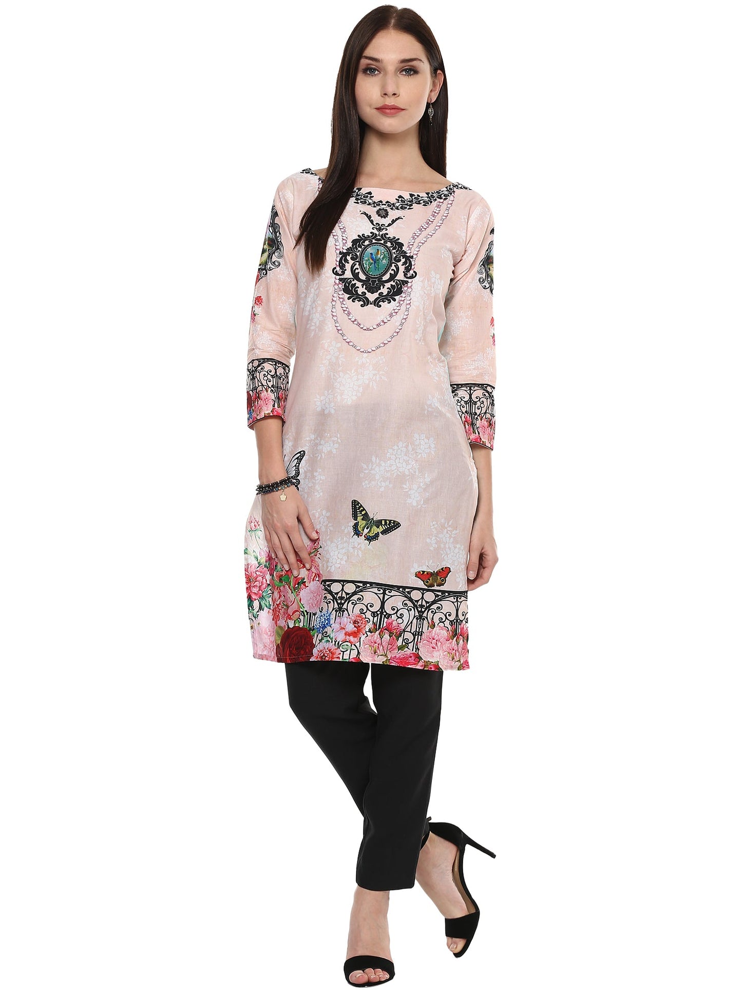 Women's Pale Pink Floral Printed Pakistani Cotton  Only Kurti