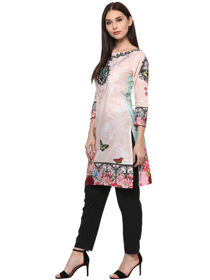 Women's Pale Pink Floral Printed Pakistani Cotton  Only Kurti