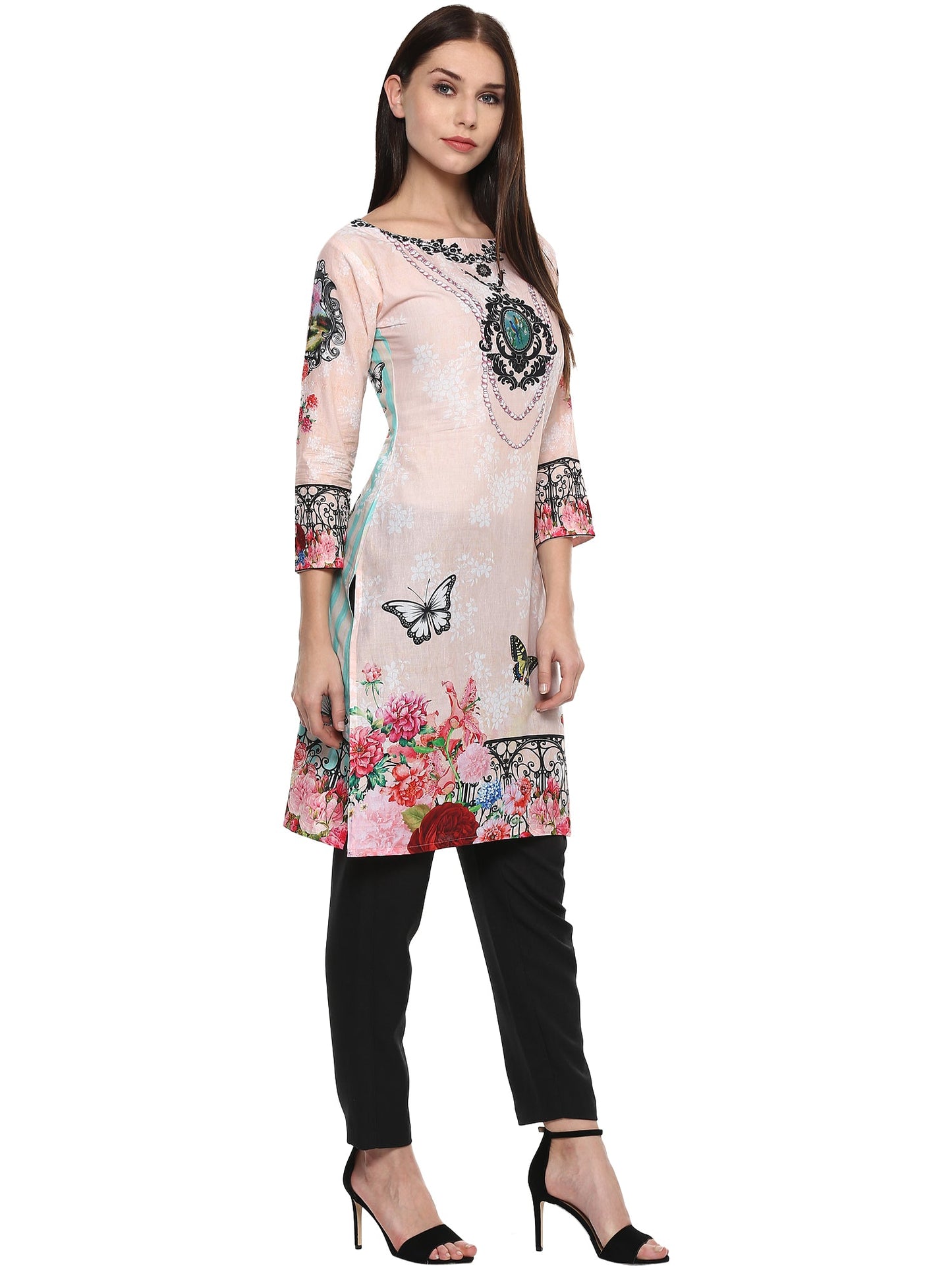 Women's Pale Pink Floral Printed Pakistani Cotton  Only Kurti