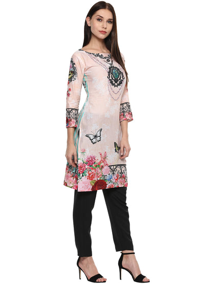Women's Pale Pink Floral Printed Pakistani Cotton  Only Kurti