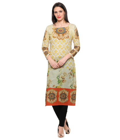 Women's Yellow Orange Floral Damask Long Cotton Only Kurta