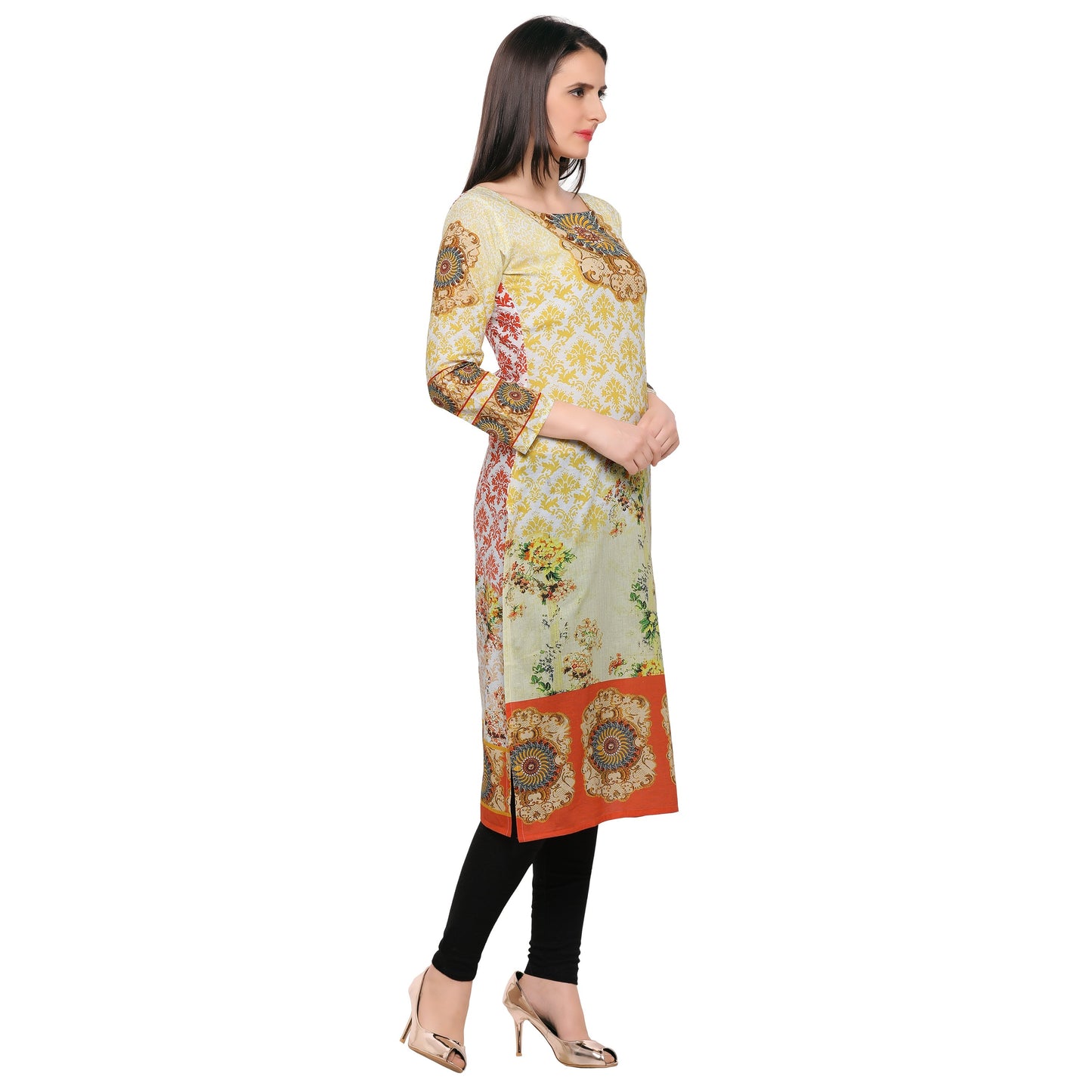 Women's Yellow Orange Floral Damask Long Cotton Only Kurta