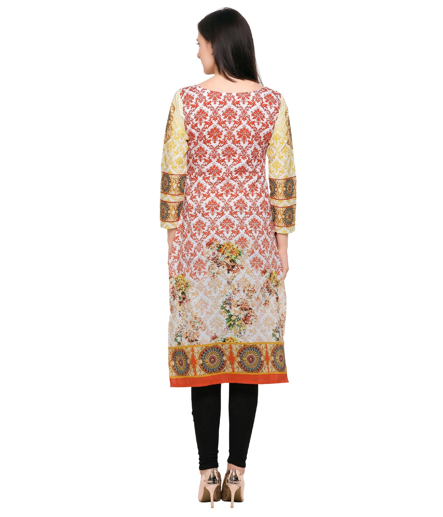 Women's Yellow Orange Floral Damask Long Cotton Only Kurta