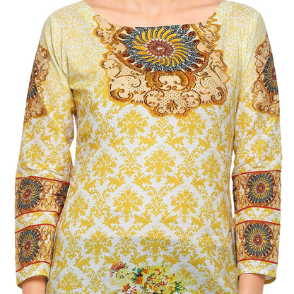Women's Yellow Orange Floral Damask Long Cotton Only Kurta