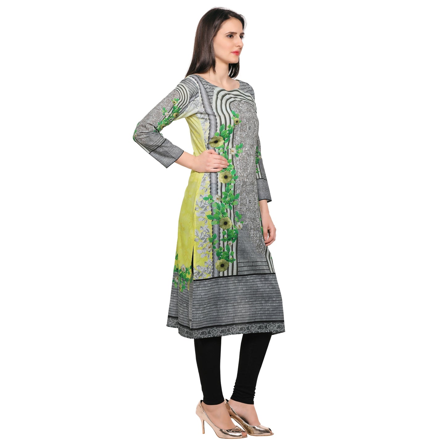 Women's Yellow Grey Floral Abstract Cotton Only Kurta