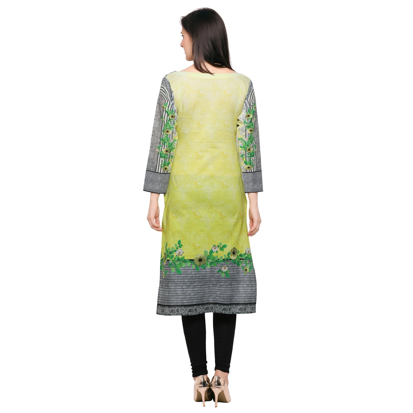 Women's Yellow Grey Floral Abstract Cotton Only Kurta