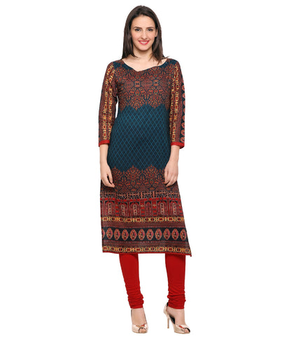 Women's Dark Blue Printed Cotton Only Kurti
