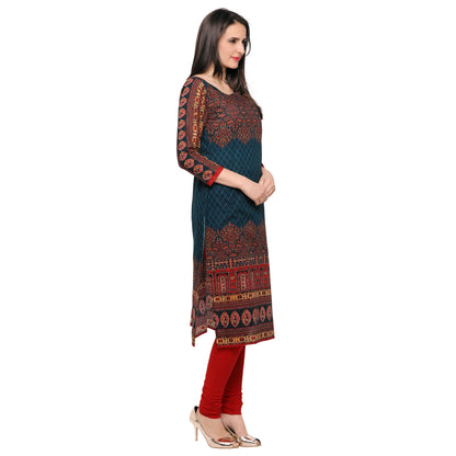 Women's Dark Blue Printed Cotton Only Kurti