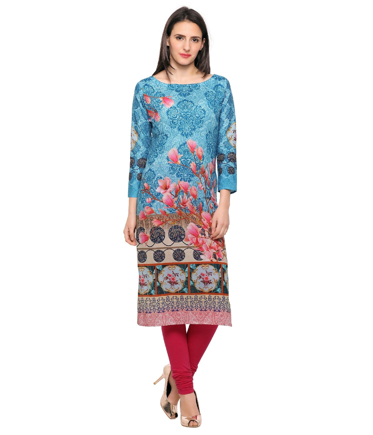 Women's Blue & Pink Floral Damask Digital Printed Cotton Only Kurti