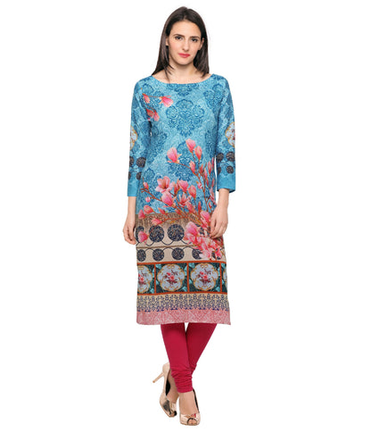 Women's Blue & Pink Floral Damask Digital Printed Cotton Only Kurti
