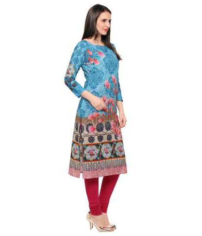 Women's Blue & Pink Floral Damask Digital Printed Cotton Only Kurti