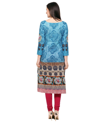 Women's Blue & Pink Floral Damask Digital Printed Cotton Only Kurti
