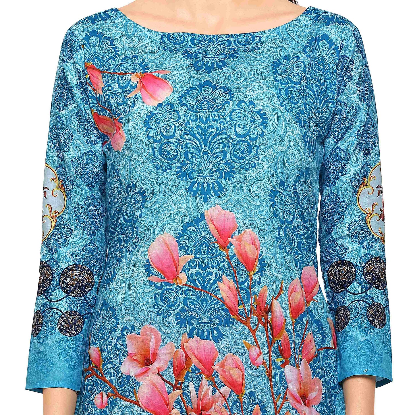 Women's Blue & Pink Floral Damask Digital Printed Cotton Only Kurti