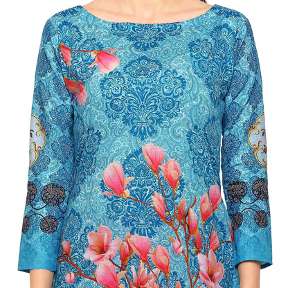 Women's Blue & Pink Floral Damask Digital Printed Cotton Only Kurti