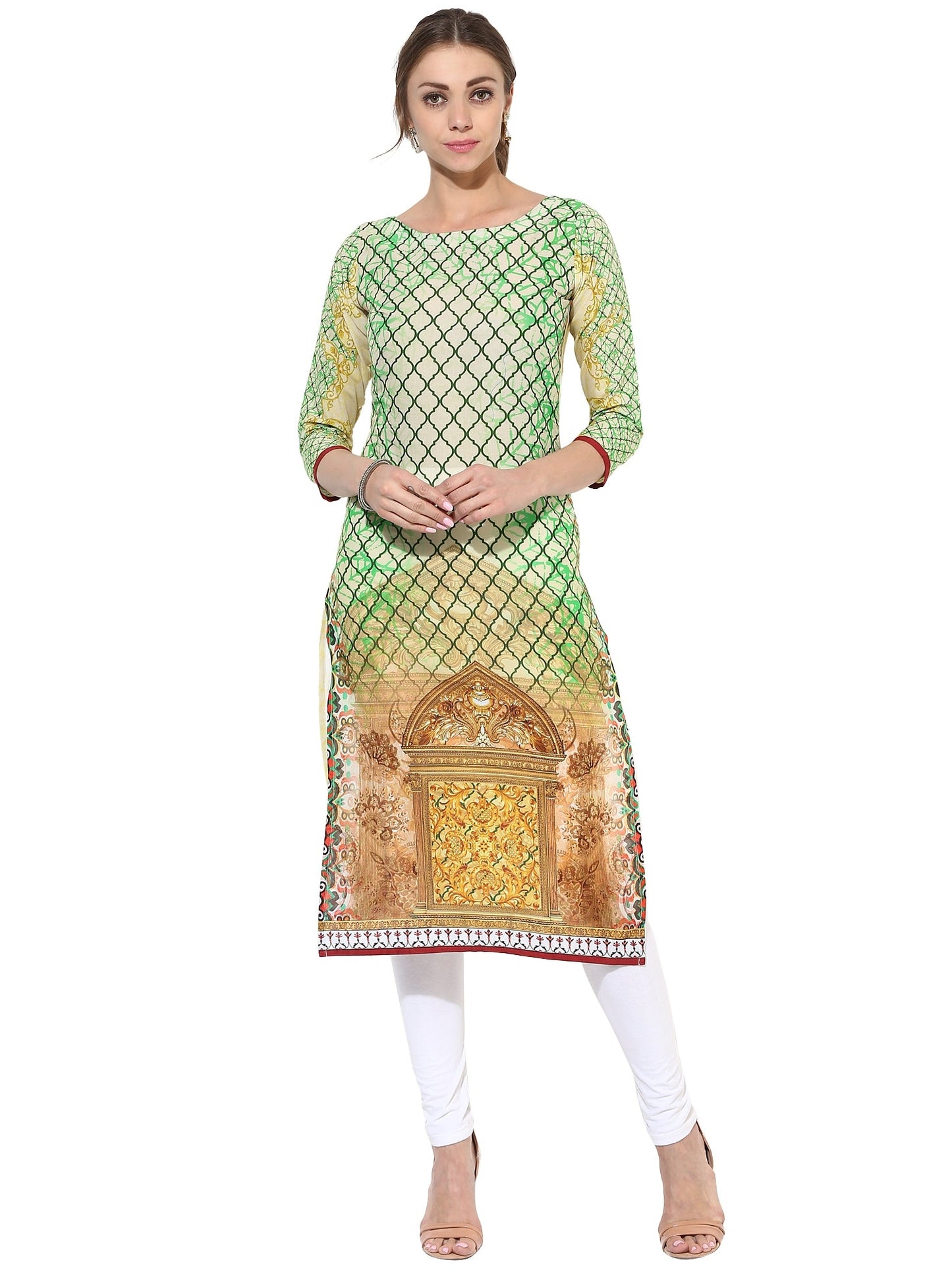 Women's Designer Pista Green Digital Printed Cotton Only Kurti