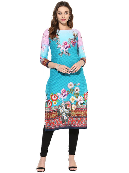 Women's Blue Pink Floral Digital Printed Cotton Only Kurti