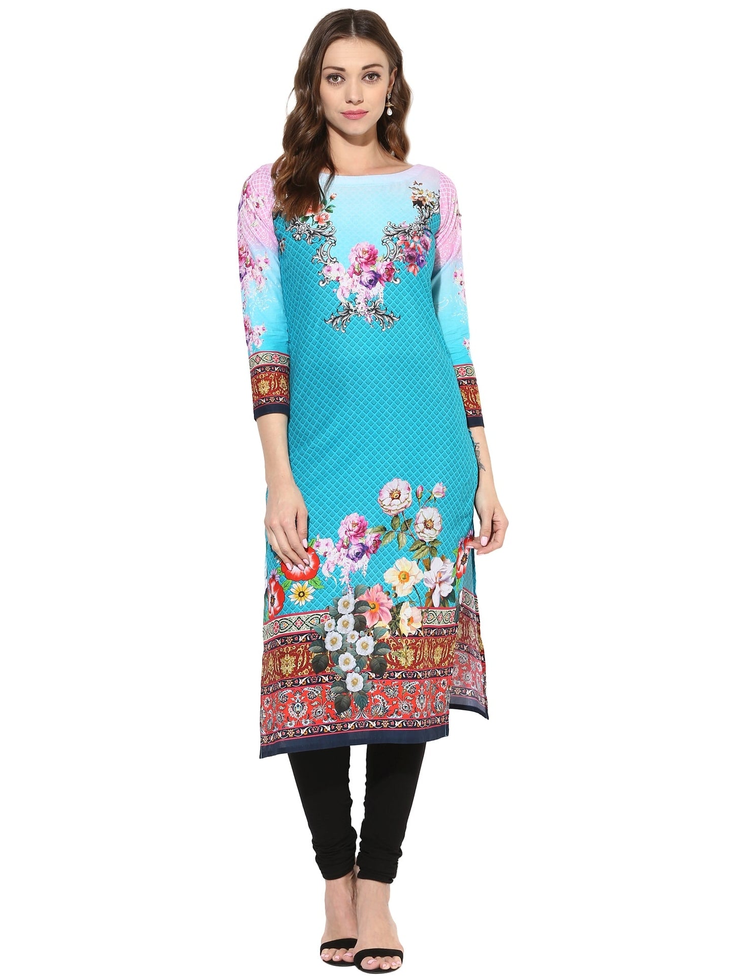 Women's Blue Pink Floral Digital Printed Cotton Only Kurti