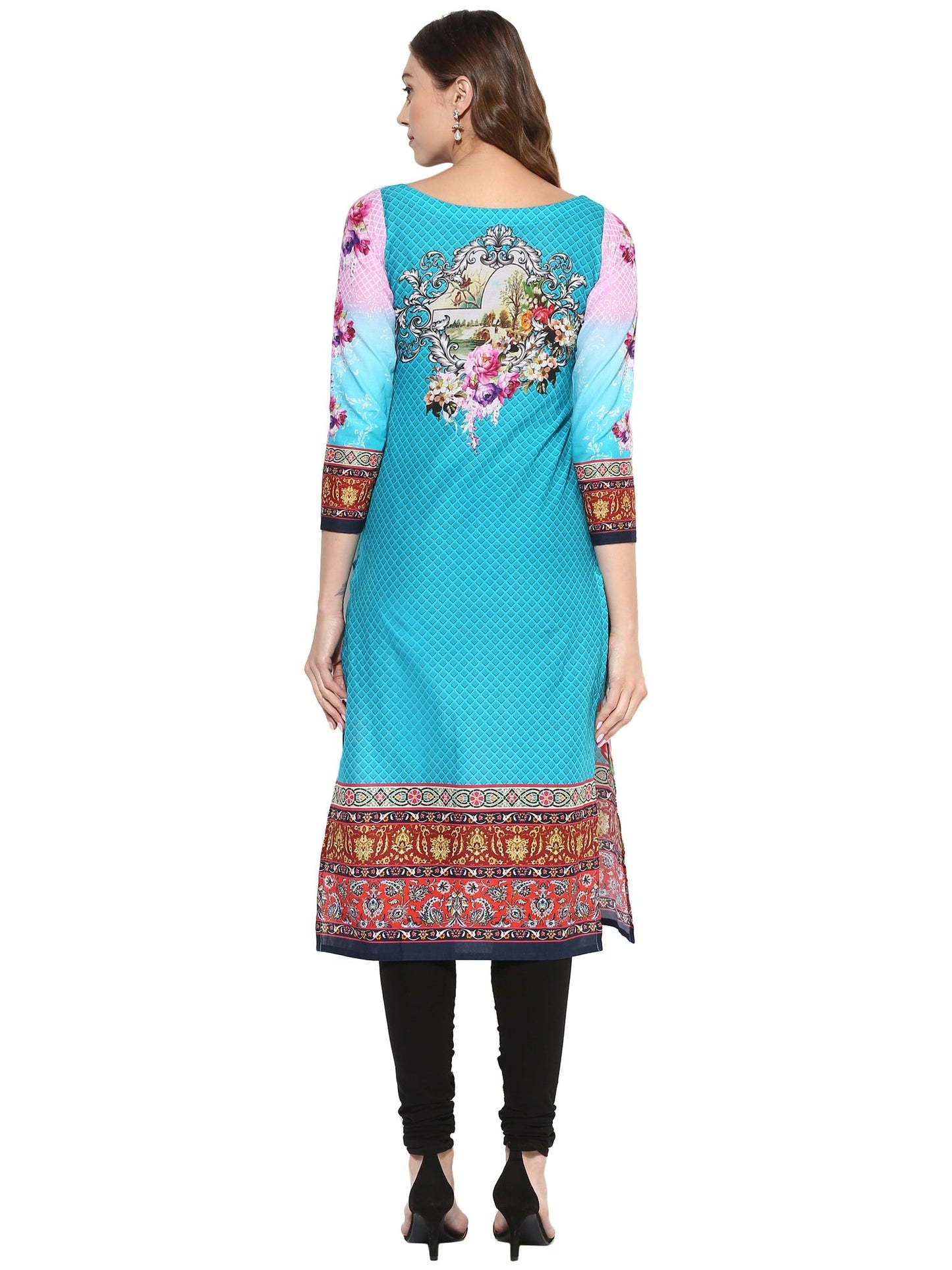Women's Blue Pink Floral Digital Printed Cotton Only Kurti