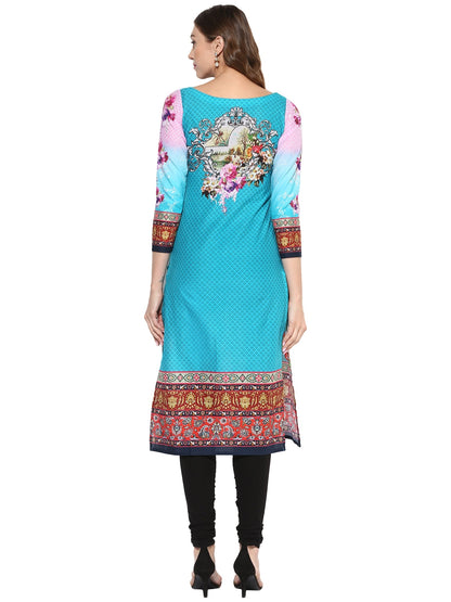 Women's Blue Pink Floral Digital Printed Cotton Only Kurti