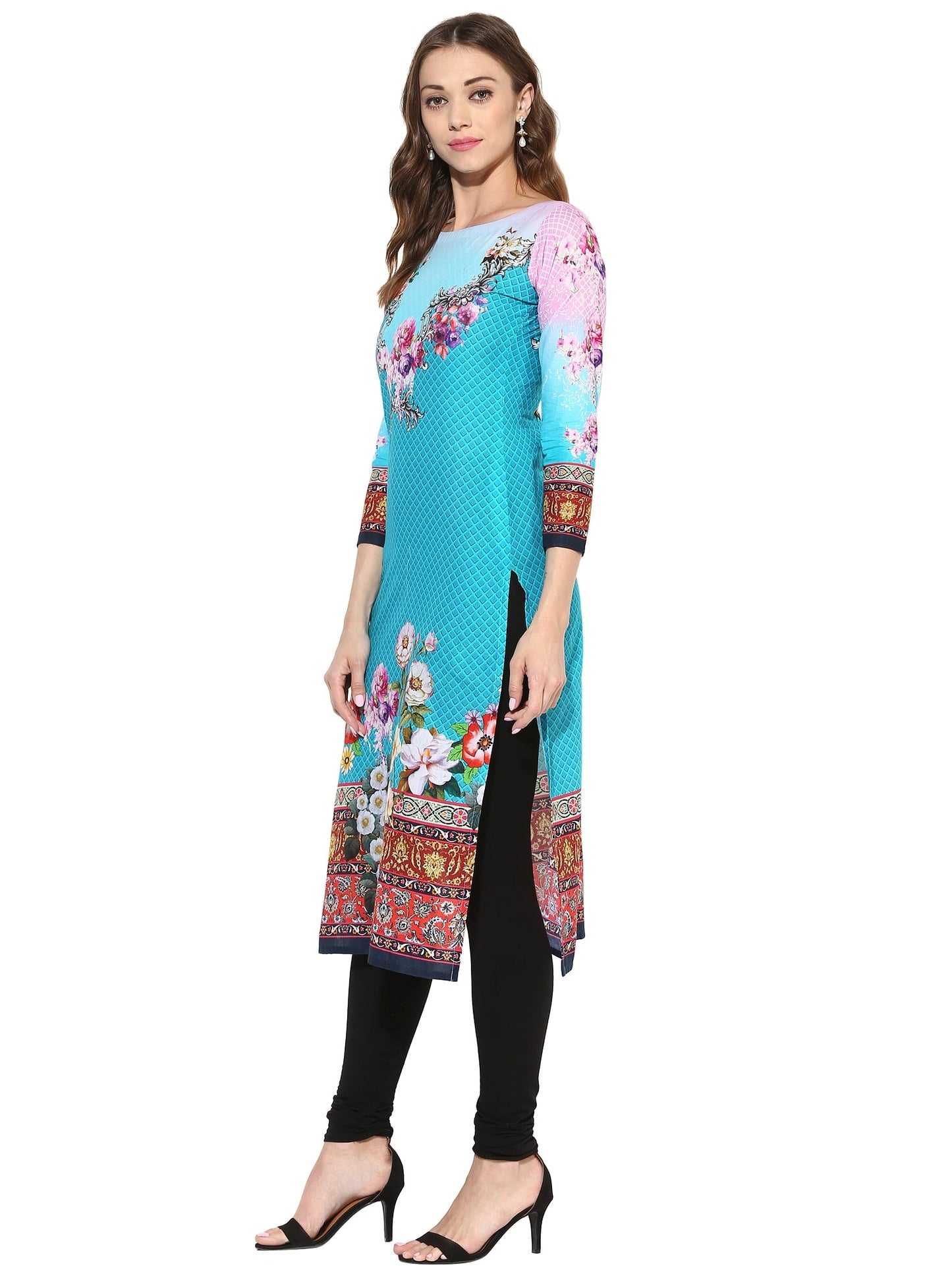 Women's Blue Pink Floral Digital Printed Cotton Only Kurti