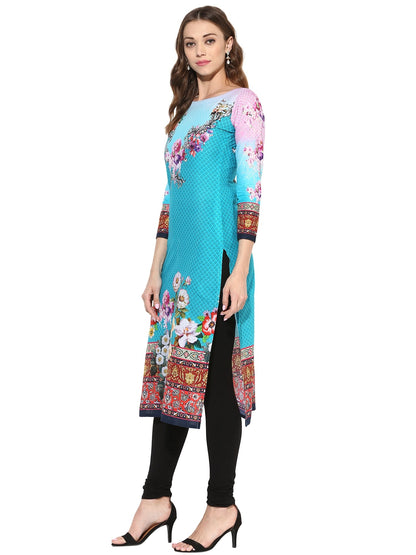 Women's Blue Pink Floral Digital Printed Cotton Only Kurti