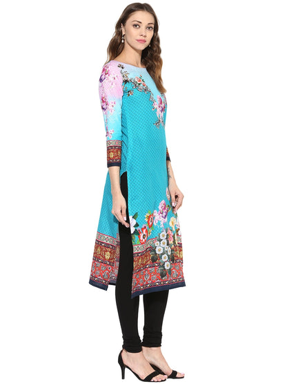 Women's Blue Pink Floral Digital Printed Cotton Only Kurti