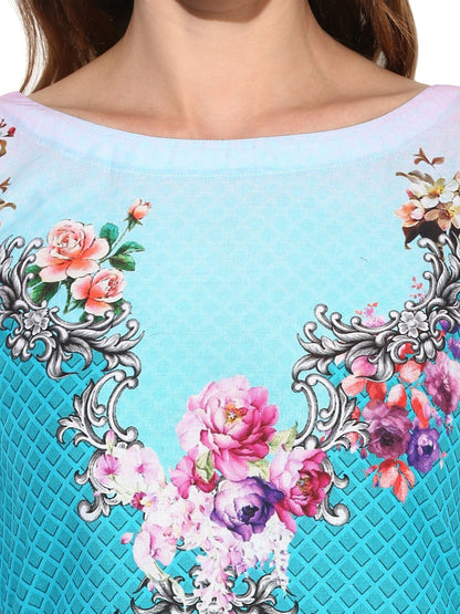 Women's Blue Pink Floral Digital Printed Cotton Only Kurti