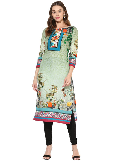 Women's Floral Cotton Green Only Kurti With 3/4Th Sleeves