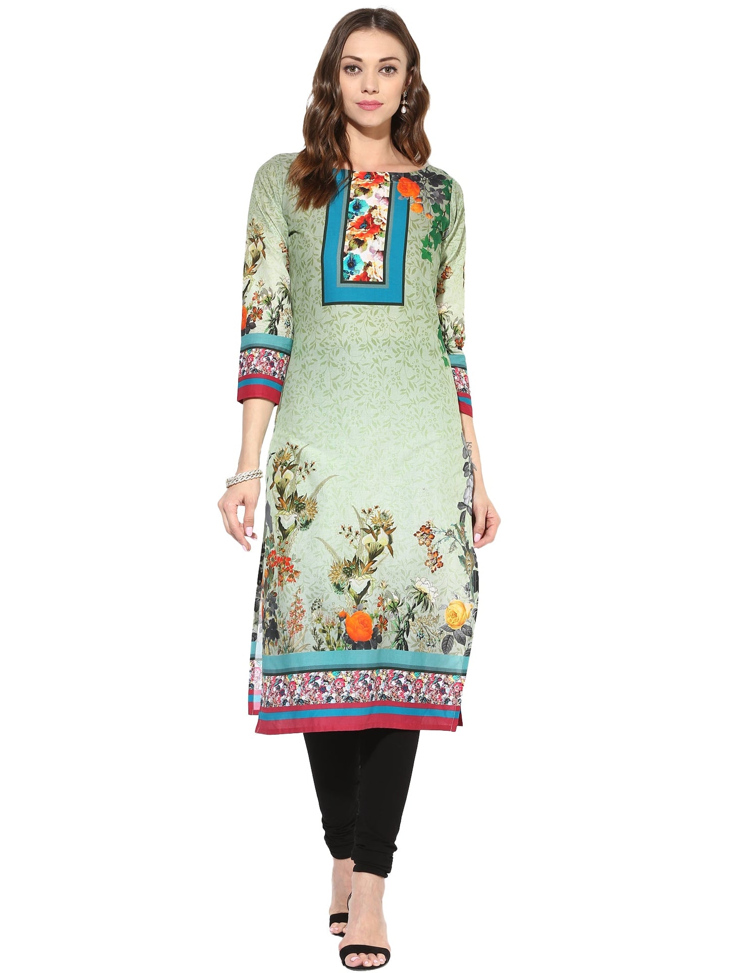 Women's Floral Cotton Green Only Kurti With 3/4Th Sleeves
