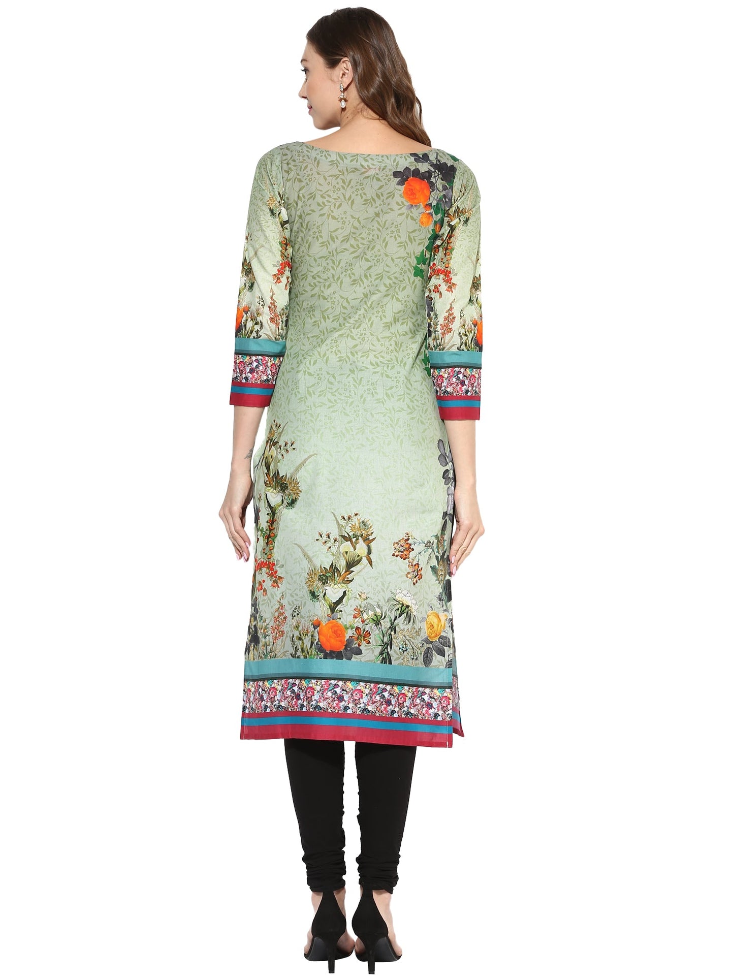 Women's Floral Cotton Green Only Kurti With 3/4Th Sleeves