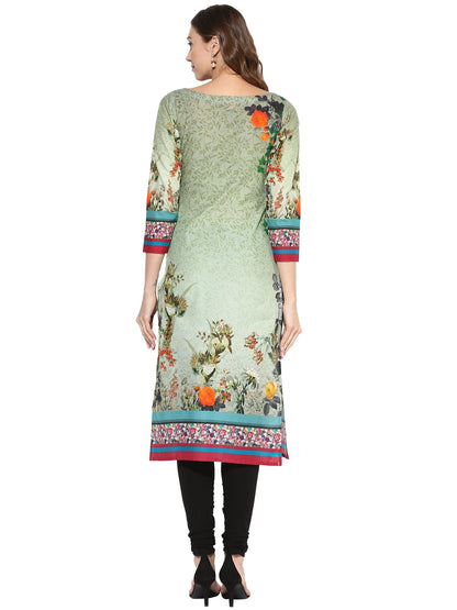 Women's Floral Cotton Green Only Kurti With 3/4Th Sleeves
