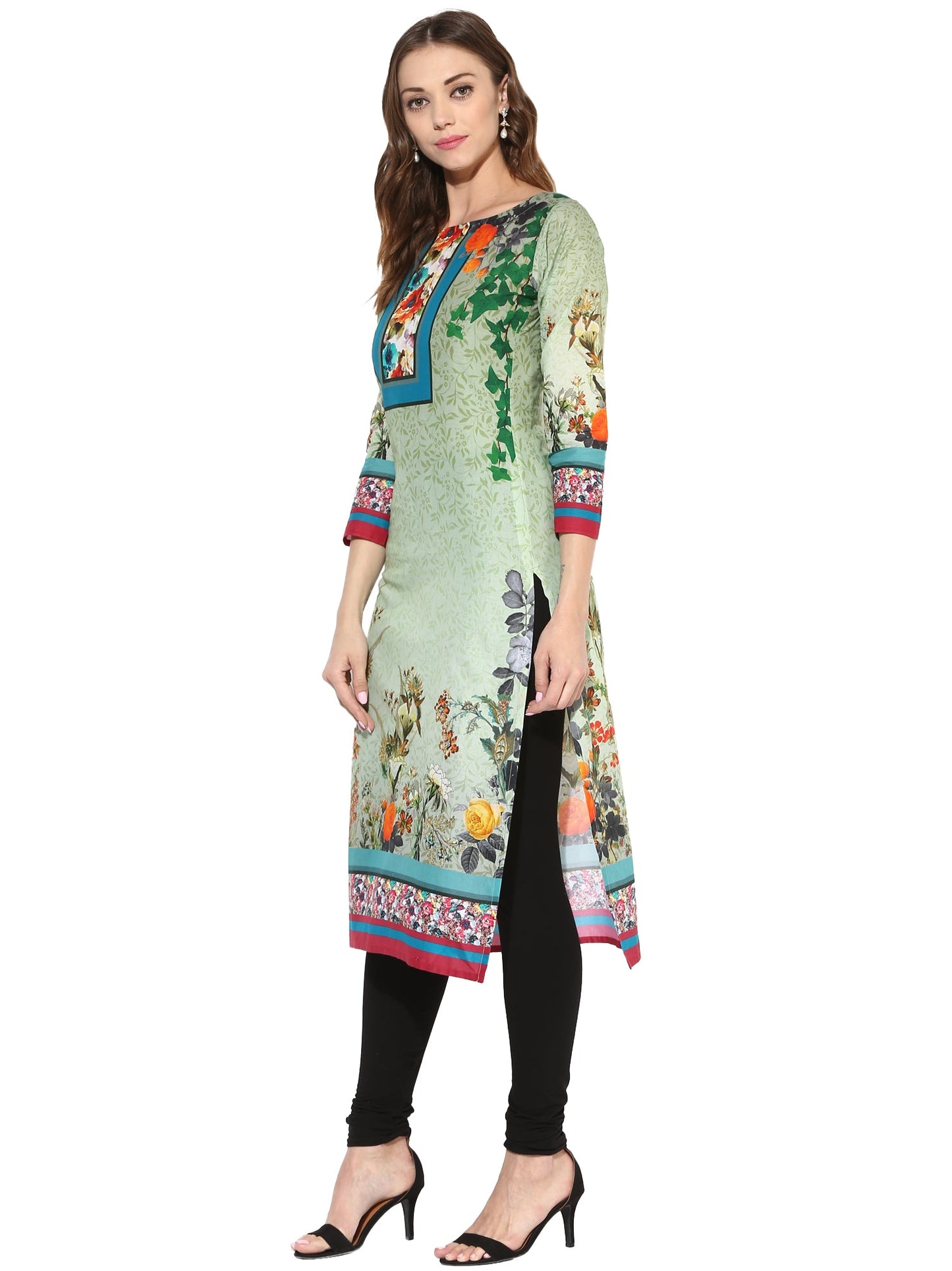 Women's Floral Cotton Green Only Kurti With 3/4Th Sleeves