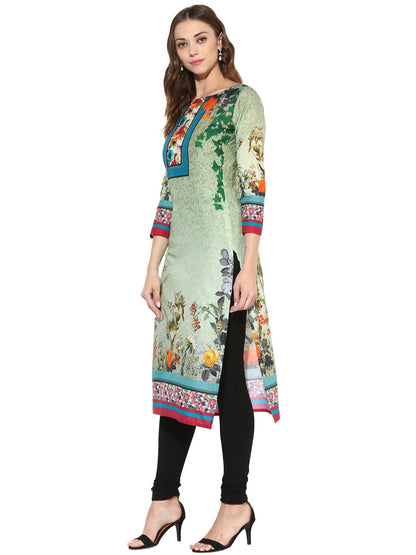 Women's Floral Cotton Green Only Kurti With 3/4Th Sleeves