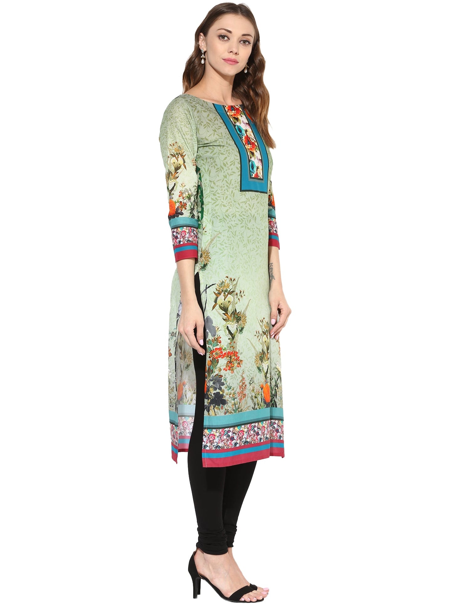 Women's Floral Cotton Green Only Kurti With 3/4Th Sleeves