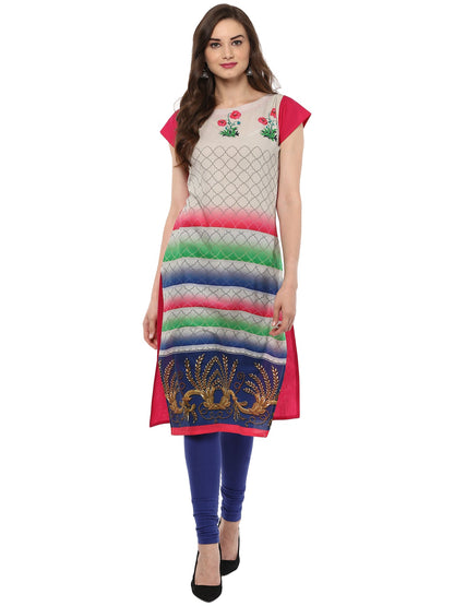 Women's Multi Colored Cap Sleeve And Boat Neck Cotton Only Kurti