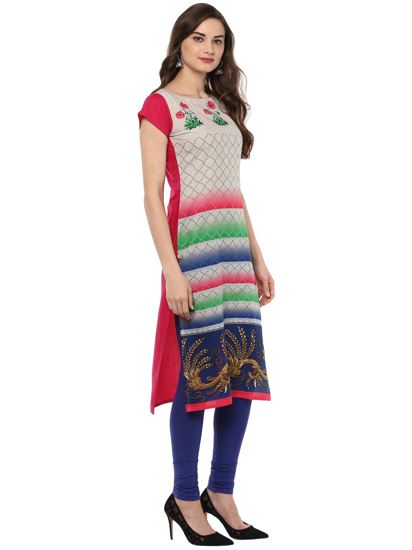 Women's Multi Colored Cap Sleeve And Boat Neck Cotton Only Kurti