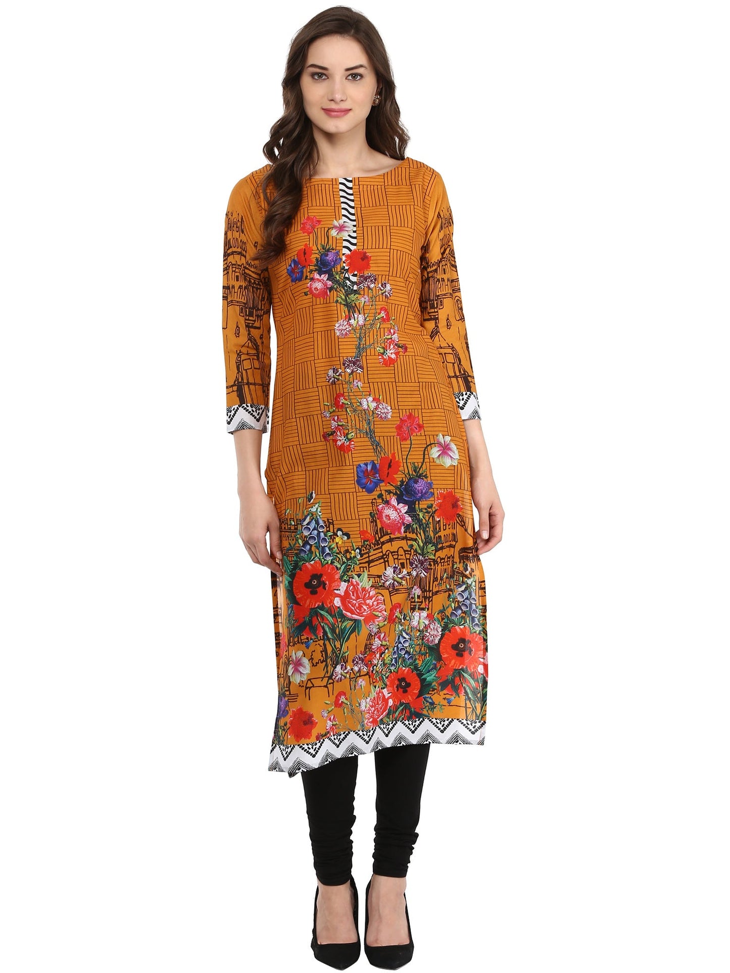 Women's Yellow Mustard Digital Print Pakistani Cotton Only Kurti