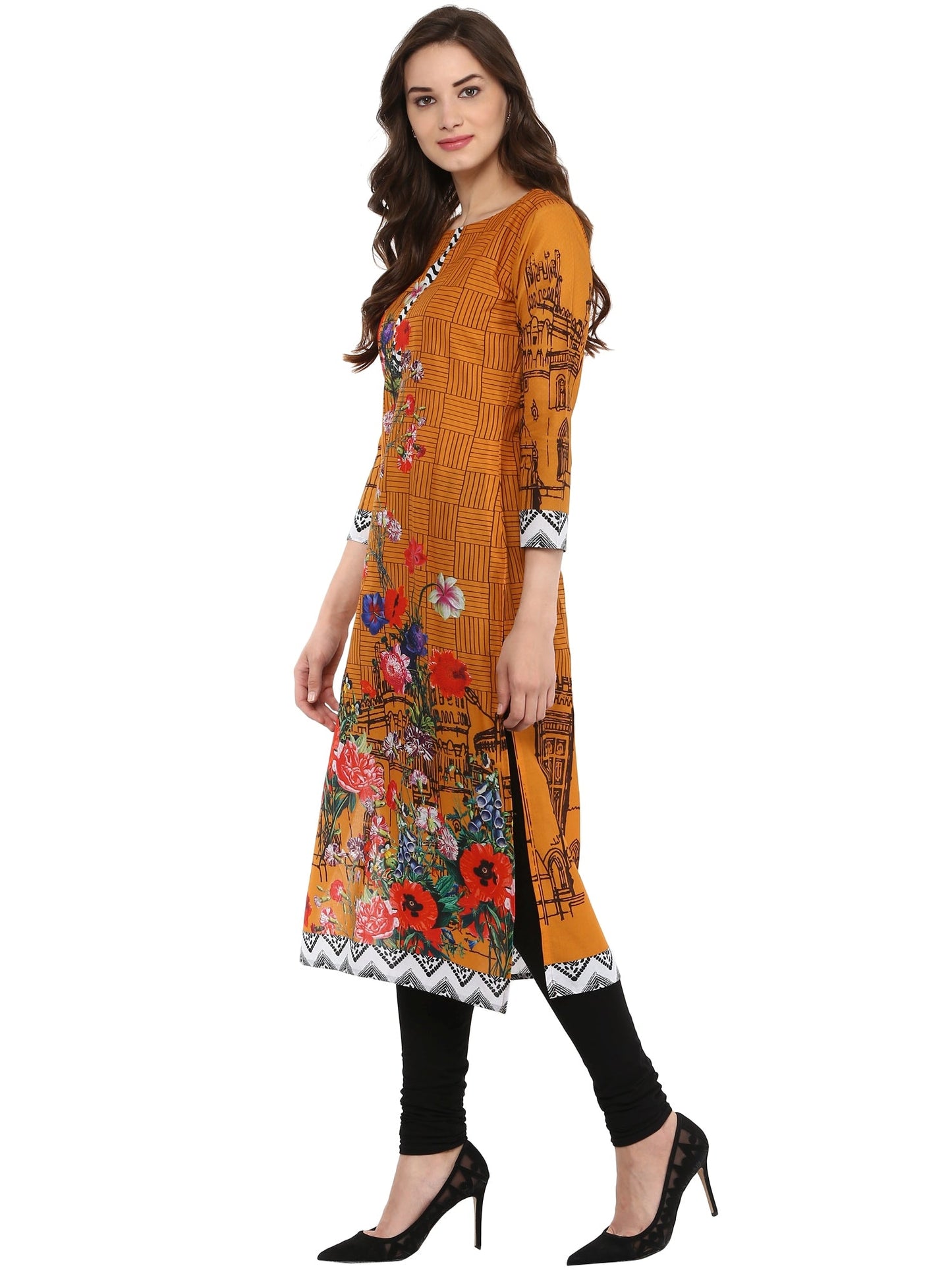 Women's Yellow Mustard Digital Print Pakistani Cotton Only Kurti